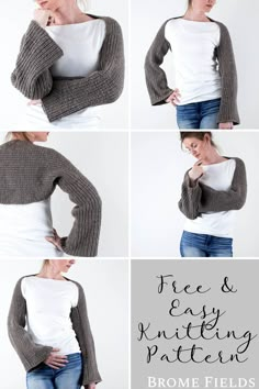 multiple pics of a model wearing a wool ribbed crop shrug Knitted Shrug Pattern, Knit Shrug Pattern, Shrug Sweater Knitting Pattern, Knitted Shrugs Free Patterns, Shrug Sweater Knit, Shrug Sweater Knit Pattern, Rib Knit Shrug, Shrug Bolero Sweater Pattern, Crochet Shrug Pattern Free