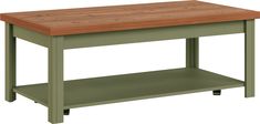 a wooden table sitting on top of a green shelf