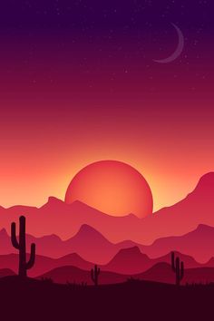 the sun is setting over some mountains and cactus trees in front of it, with an orange sky