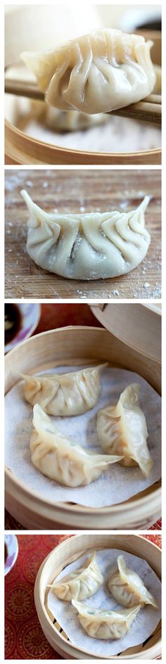 dumplings are being prepared and placed on wooden trays