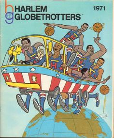 an advertisement for harlem globetroters featuring basketball players in a bus with the american flag painted on it