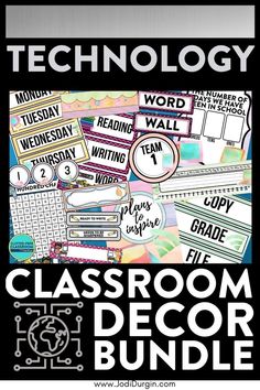 classroom decor bundle with text that reads technology and words on it, including the word wall