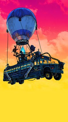 an image of a hot air balloon being lifted by a bus in the sky with other vehicles on it