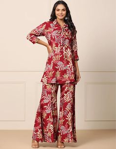 elegant maroon cotton blend beautiful readymade co-ord top with bottom set suit design pant 13546-acy3297 Front View Latest Co Ord Sets Indian, Ethnic Co Ord Sets, Co-ord Sets, Pooja Jain, Printed Co Ord Set, Ethnic Skirts, Co Ords Outfits Indian, Cod Set, Coordinate Sets