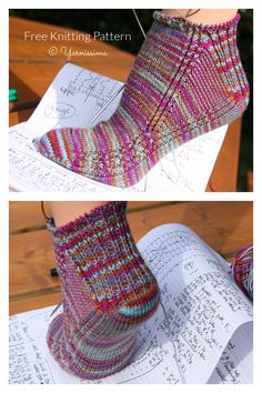 two pictures show the feet and ankles of someone wearing socks that are knitted in multi - colored yarn