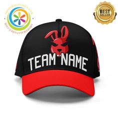 Spruce up your style with The Bad Bunny Baseball Hat! This hat is packed with personality, combining a little bit of mischief with a whole lot of charm. Perfect for a day on the field or a day out with friends, and makes a great personalized gift for those unique individuals. A definite home run for you and your loved ones! We create funky & fun! Personalized with your Team's name & Player #. Click Here for the Matching Jersey High-quality made, polyester material for casual baseball caps provid Red Adjustable Themed Hat, Adjustable Novelty Sports Hats, Novelty Red Baseball Cap, Customizable Novelty Snapback Hats, Red Snapback Hat Gift, Red Snapback Hat As Gift, Themed Baseball Cap, One Size Fits Most, Red Customizable Adjustable Hat, Themed Baseball Cap One Size Fits Most