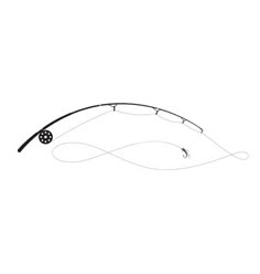 a drawing of a fishing rod with a reel attached to it's end, on a white background