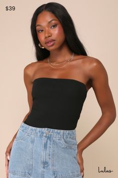 Throw on your shades and hit the city in the Lulus Flirtatious Decision Black Lace-Up Strapless Bodysuit! Stretchy ribbed knit fabric shapes this sultry top that has a straight neckline and a fitted bodice with a sultry lace-up detail at the back. Attached thong bottoms have snap closures. Fit: This garment fits true to size. Bust: Great for any cup size. Waist: Fitted - stretchy fabric allows custom fit. Hip: Fitted - stretchy fabric allows room for hips. Undergarments: May be worn with an adhe Strapless Bodysuit, Adhesive Bra, Swimming Outfit, Knit Bodysuit, Straight Neckline, Ribbed Knit Top, Strapless Tops, Cup Size, Black Bodysuit