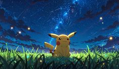 a pikachu sitting in the grass under a night sky with stars above it