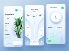 three mobile app screens showing the temperature, humidity and air fresheners for plants