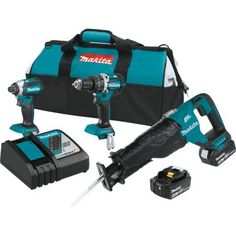 two cordless drillers, one with a hammer and the other with a tool bag