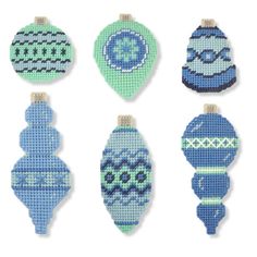 cross stitch christmas ornament ornaments in blue and green, set of 6 - click to enlarge