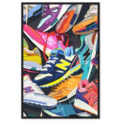 colorful sneakers are piled together in this abstract art print by artist michael schruck