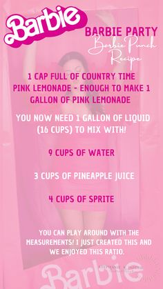 Recipe for a Pink Lemonade Punch for a Pink party or Barbie Party. Countrytime lemonade. Non alcoholic recipe. Barbie Birthday Party Drinks, Alcholic Drink Aesthetic Pink, Barbie Movie Viewing Party, Barbie Party Activities For Adults, Barbie Punch Alcohol, Mocktails Girly, Malibu Barbie Cocktail, Pink Food Items For Color Party, Barbie Themed Alcoholic Drinks