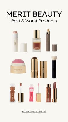 Graphic of All Merit Beauty Products for a review. Featuring the best and worst products. Merit Skincare, Merit Aesthetic, Merit Beauty Aesthetic, Merit Makeup Bag, Merit Makeup Tutorial, Merit Beauty Blush, Merit Beauty Tutorial, Merit Persimmon Blush, Merit Lipstick