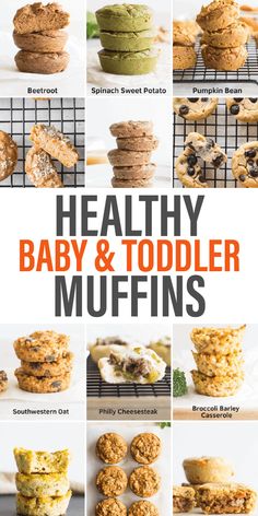 healthy baby and toddler muffins recipe collage with images in the middle