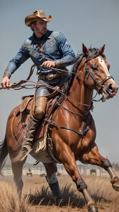 a man riding on the back of a brown horse across a dry grass covered field