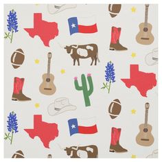 a white background with texas and cowboy themed items on the side, including an acoustic guitar