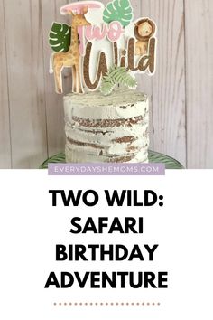 two wild safari birthday adventure cake topper with the words, two wild safari birthday adventure on it