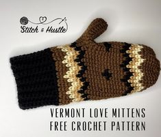 a crocheted oven mitt with the text vermont love mittens free crochet pattern