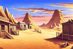 Old West Desert Town Illustration Art Print Metal Chimney, Town Illustration, Desert Town, Wooden Walkways, Orange Glow, Sun Sets, Ghost Rider, Desert Landscaping