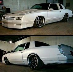 two pictures of a white car with black rims and chrome wheels in a garage