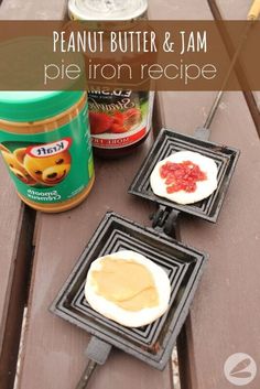 peanut butter and jam pie iron recipe on a picnic table with jar of peanut butter