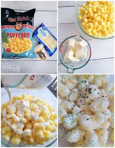 four pictures showing different types of food including marshmallows, pretzels and popcorn