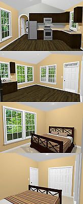 three different views of a kitchen and living room from the perspective of someone's house