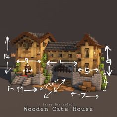 the wooden gate house is made out of wood and has many numbers on each side