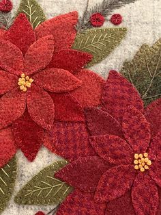 a red poinsettia with green leaves on it's side and two other flowers in the center