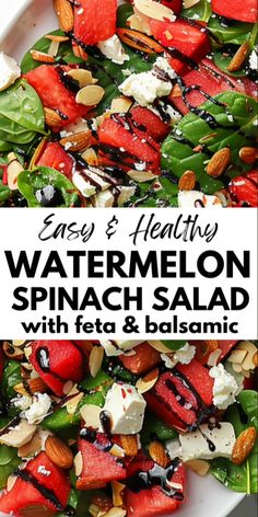 watermelon spinach salad with feta and balsamic in a white bowl