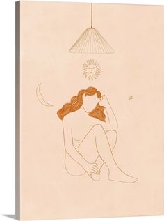 a drawing of a woman sitting on the ground next to a sun and a lamp