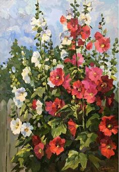 an oil painting of red and white flowers in a vase