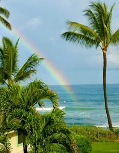 a rainbow shines in the sky above some palm trees and water with a beach in the background