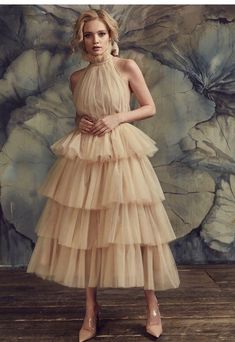 Tulle High-Neck Champagne Prom Gown with Tiered Skirt · NarsBridal · Online Store Powered by Storenvy Beige Dress, Layered Skirt, Party Gowns, Pink Candy, Prom Gown, Tiered Skirt, Vestidos De Noche, Tulle Dress, Fancy Dresses