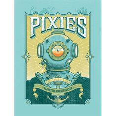 a blue poster with an image of a diving helmet and the words pixes on it