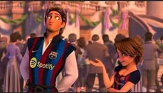 two animated characters standing in front of a crowd