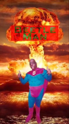 a man in a blue and pink suit with an orange sign above his head that says beetleman