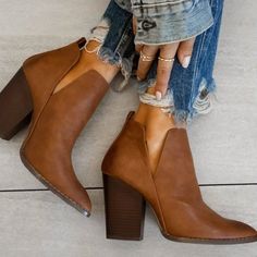 Mata faux leather tan chunky heel ankle slip on pointed toe booties. Fit true to size. Fall Booties Ankle Boots, Black One Shoulder Top, Brown Combat Boots, Tan Booties, Tan Boots, Square Toe Heels, Brown Booties, High Heel Boots Ankle, Suede Booties