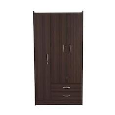 the armoire is brown and has two drawers