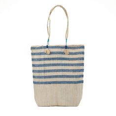 Blue Stripe Market Bag Blue Handwoven Bucket Bag, Artisan Blue Rectangular Bag, Eco-friendly Blue Handwoven Beach Bag, Eco-friendly Handwoven Blue Beach Bag, Handmade Travel Bags From Recycled Materials, Eco-friendly Blue Shoulder Bag For Market, Eco-friendly Fair Trade Bucket Bag, Blue Woven Beach Bag For Market, Blue Bucket Bags For Market