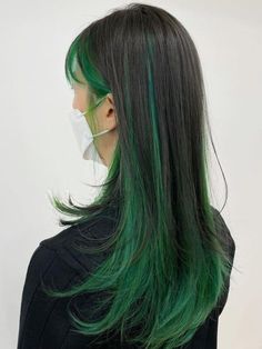 Green Sombre Hidden Color Highlights Black And Green Balayage, Black Hair With Neon Highlights, Dark Blue Highlights In Black Hair, Green Hair With Black, Green Balayage, Black And Green Hair, Ideas For Black Hair, Long Hair Highlights, Highlight Ideas