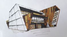 a drawing of a building made out of wood