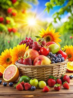 a basket filled with fruit sitting on top of a wooden table next to sunflowers