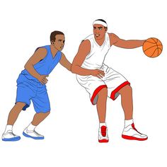 two men are playing basketball one is dribbling the ball