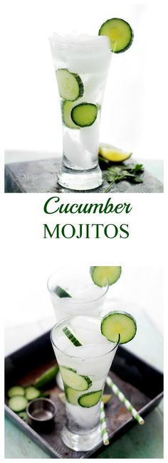 cucumber mojitos in glasses on a tray