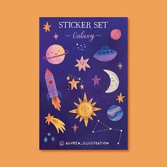 the sticker set includes an image of rockets, planets and stars on purple paper