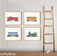 four framed art prints on a wall next to a ladder