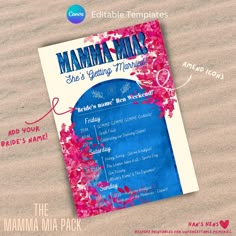 a blue and pink wedding program on the beach with text overlaying that reads, mamma - mar her's going married